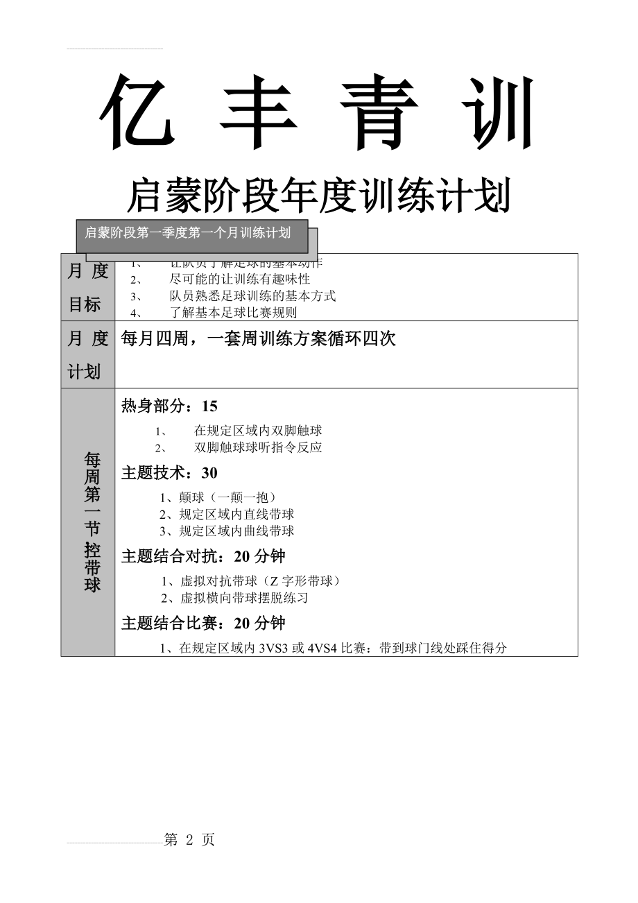 青少年足球训练 启蒙阶段年度训练计划(教案)(9页).doc_第2页