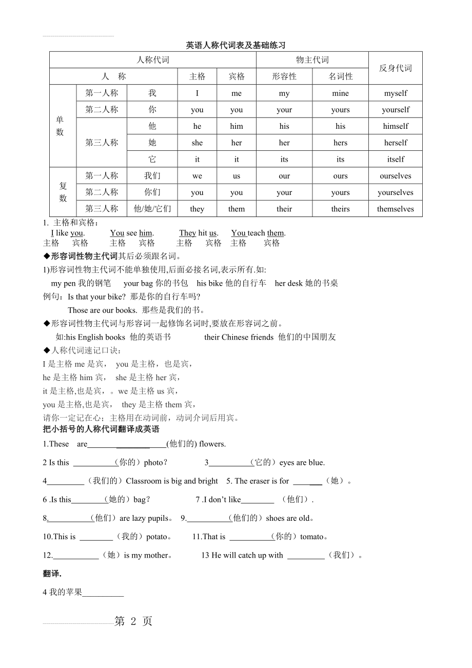 英语人称代词反身代词表格及练习(3页).doc_第2页