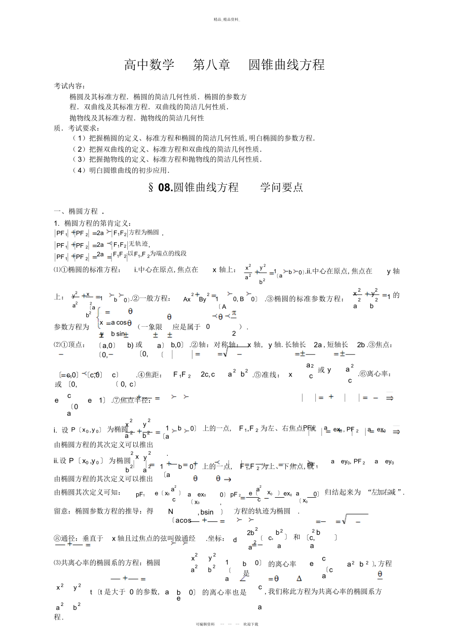 2022年高考数学基础知识总结第八章圆锥曲线方程 .docx_第1页