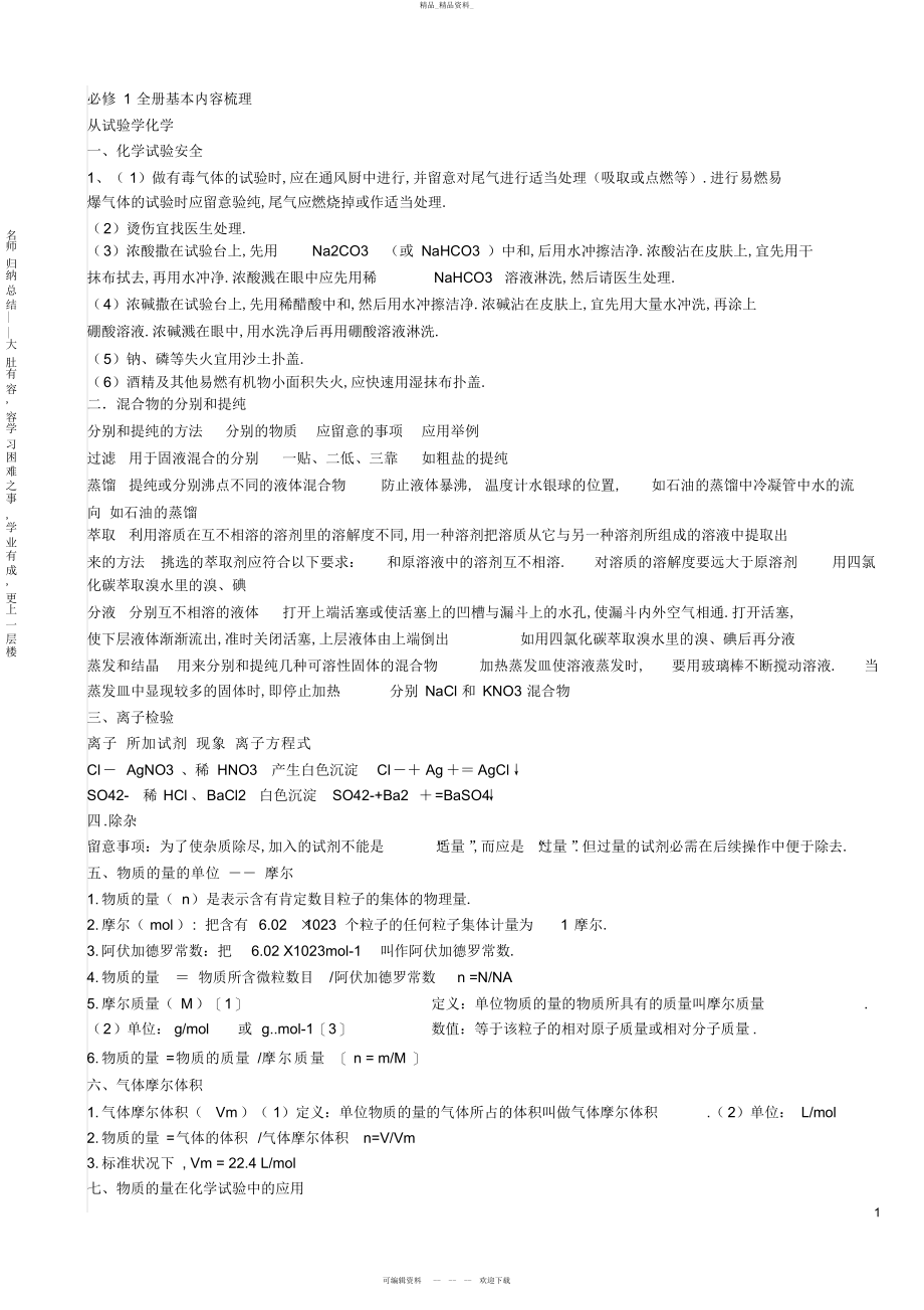 2022年高中化学人教版必修一详细超详细知识点总结 .docx_第1页