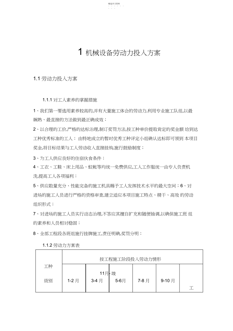 2022年机械设备劳动力投入计划 .docx_第1页