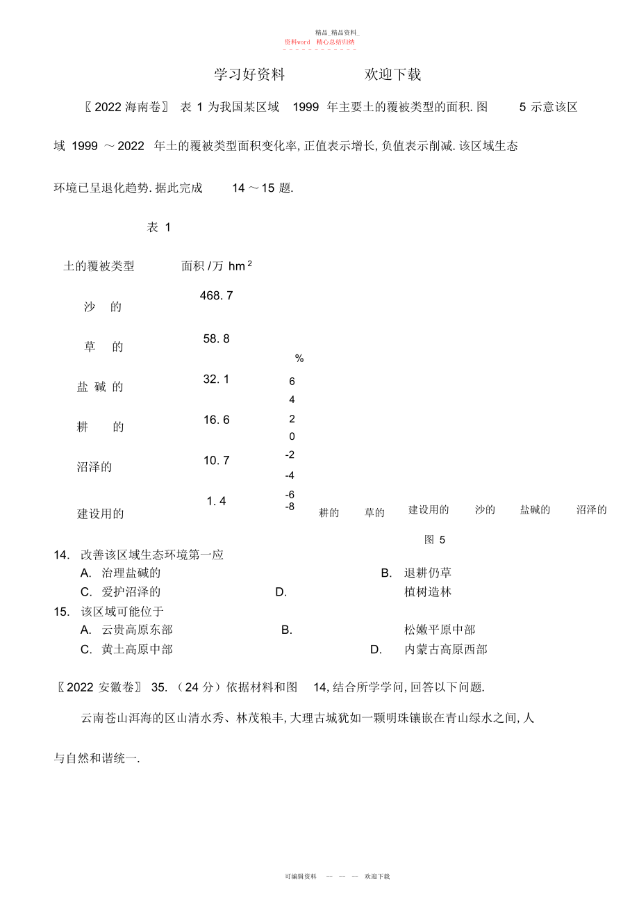 2022年高考地理试题分类汇编之专题区域生态环境建设区域自然资源综合开发利用2.docx_第1页