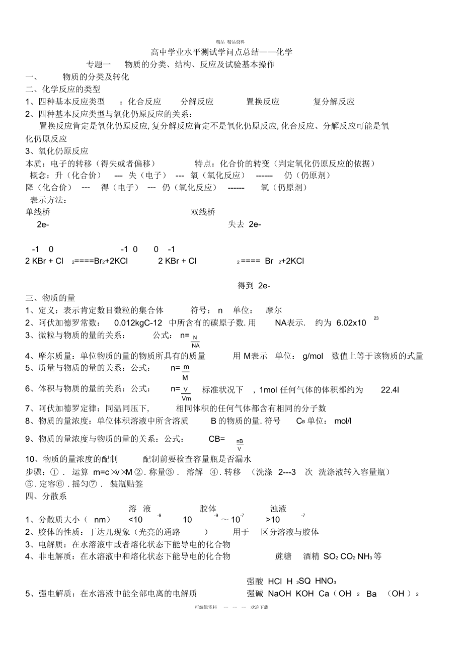 2022年高中学业水平测试知识点总结——化学.docx_第1页