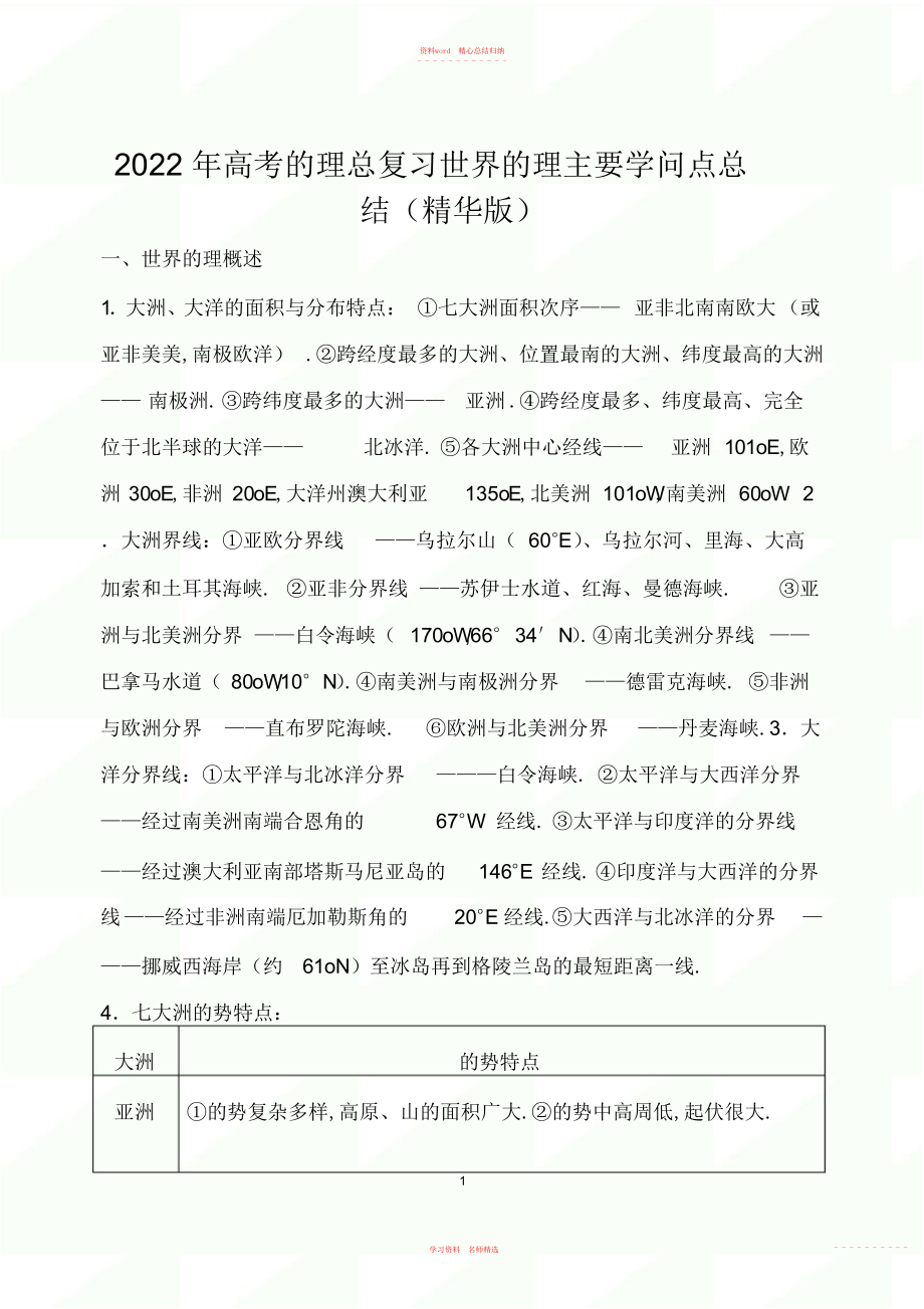 2022年高考地理总复习世界地理主要知识点总结精华版.docx_第1页