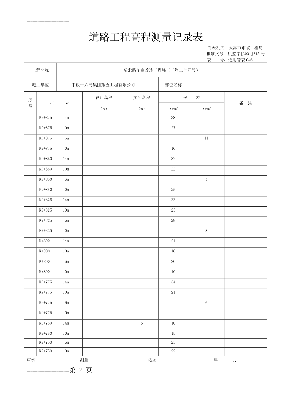 道路工程高程测量记录表(8页).doc_第2页