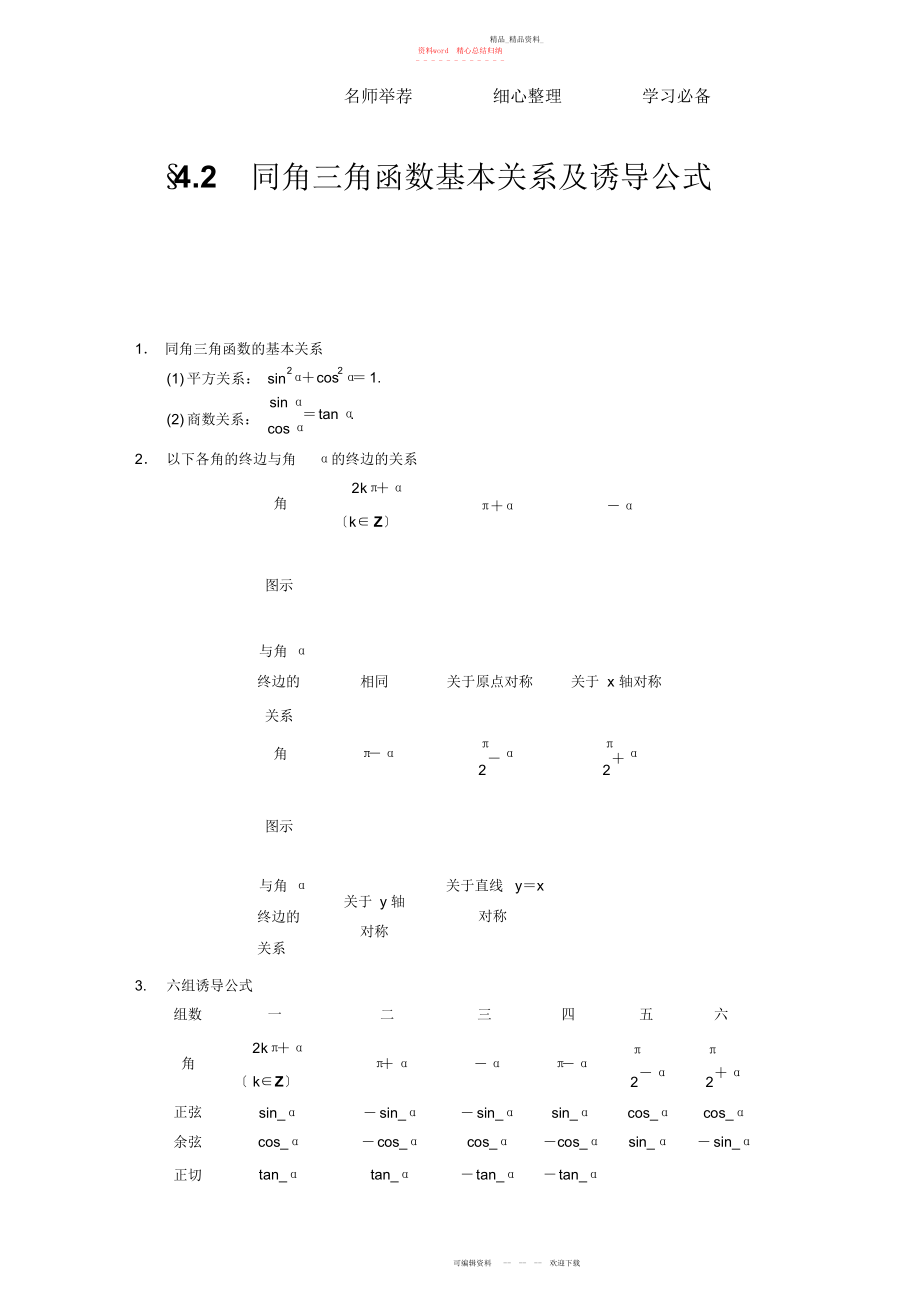 2022年高三一轮复习精题组同角三角函数基本关系及诱导公式有详细答案.docx_第1页