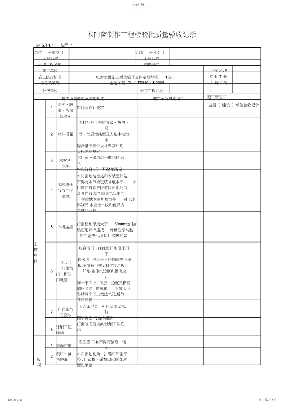 2022年木门窗制作工程检验批质量验收记录 .docx_第1页