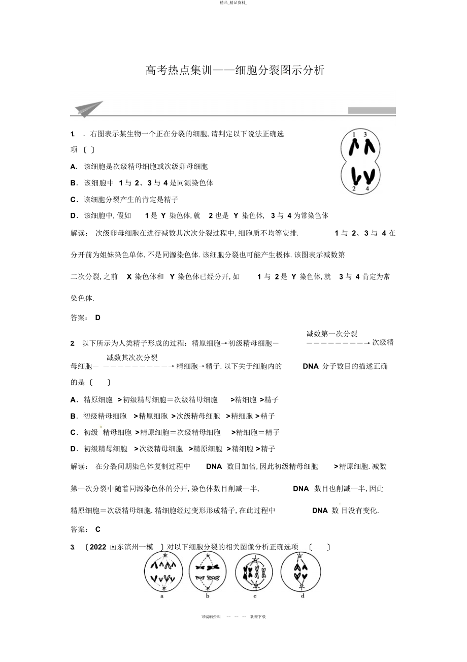 2022年高考生物复习高考热点集训细胞分裂图示分析版含解析 .docx_第1页