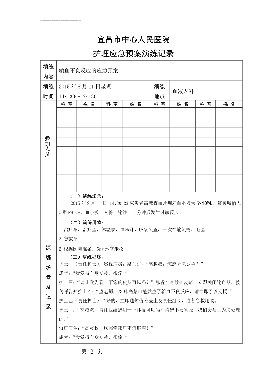 输血不良反应应急预案演练记录(4页).doc_第2页