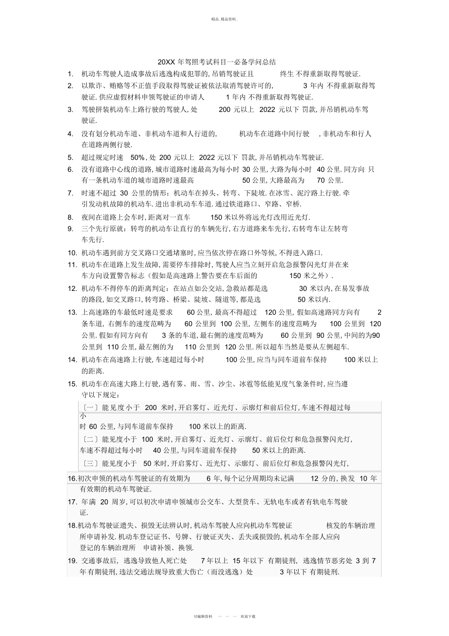 2022年驾照考试科目一必备知识总结.docx_第1页