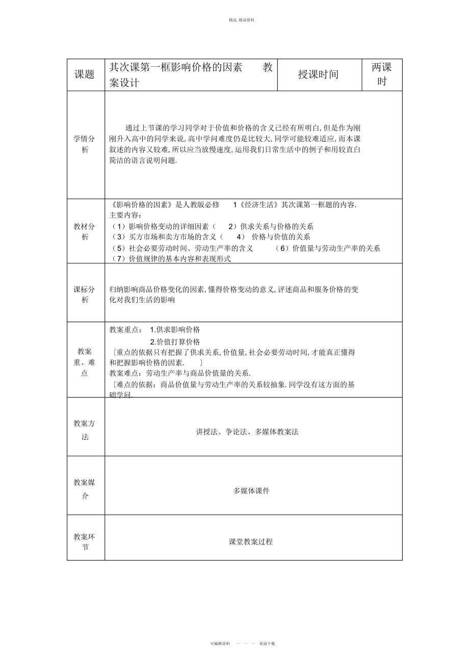 2022年高一优秀教案《影响价格的因素》教学设计方案 .docx_第1页