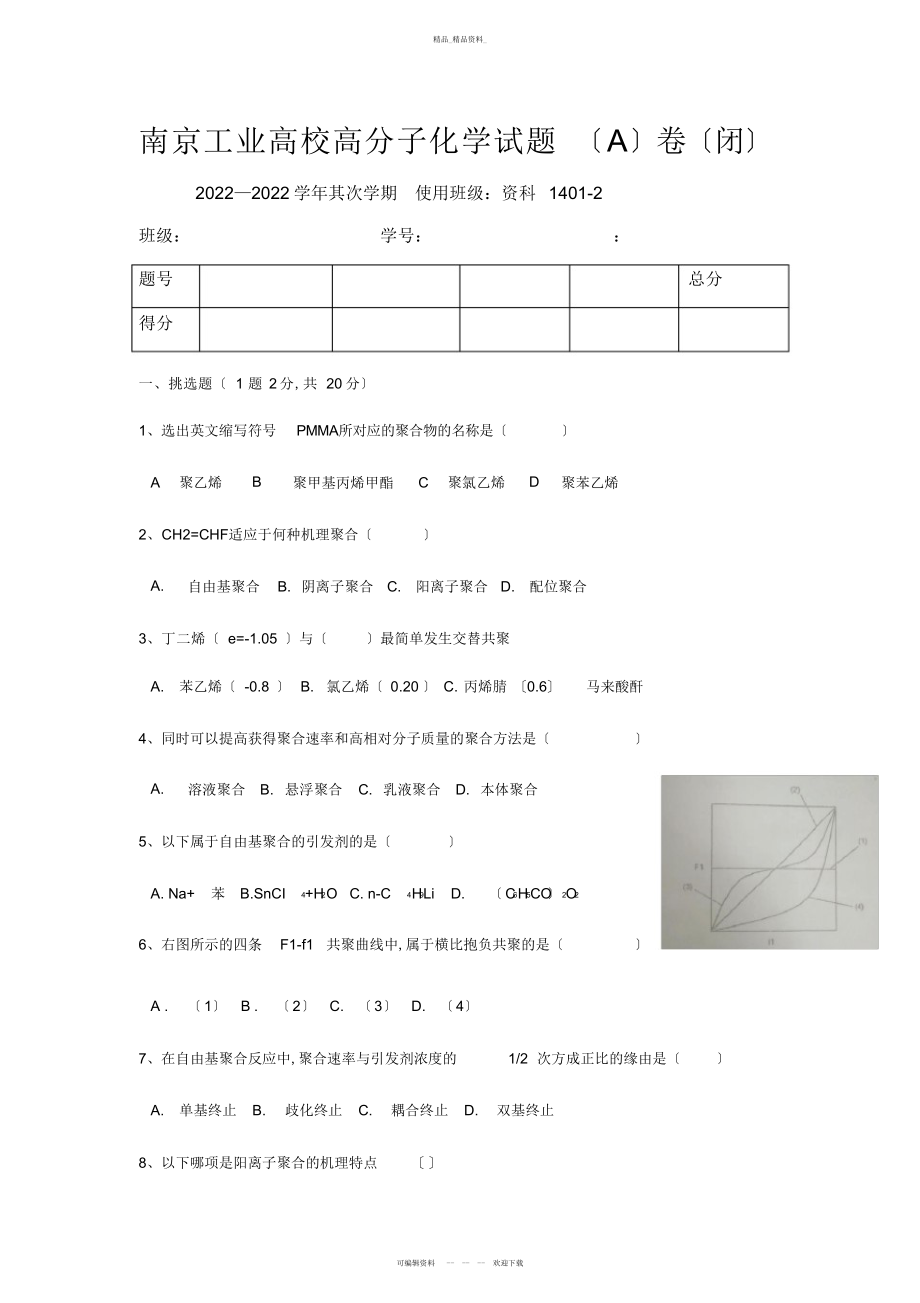 2022年高分子化学试卷 .docx_第1页