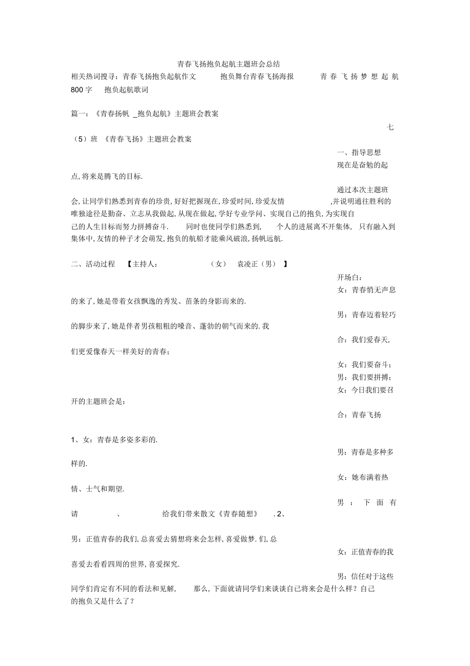 2022年青春飞扬梦想起航主题班会总结.docx_第1页