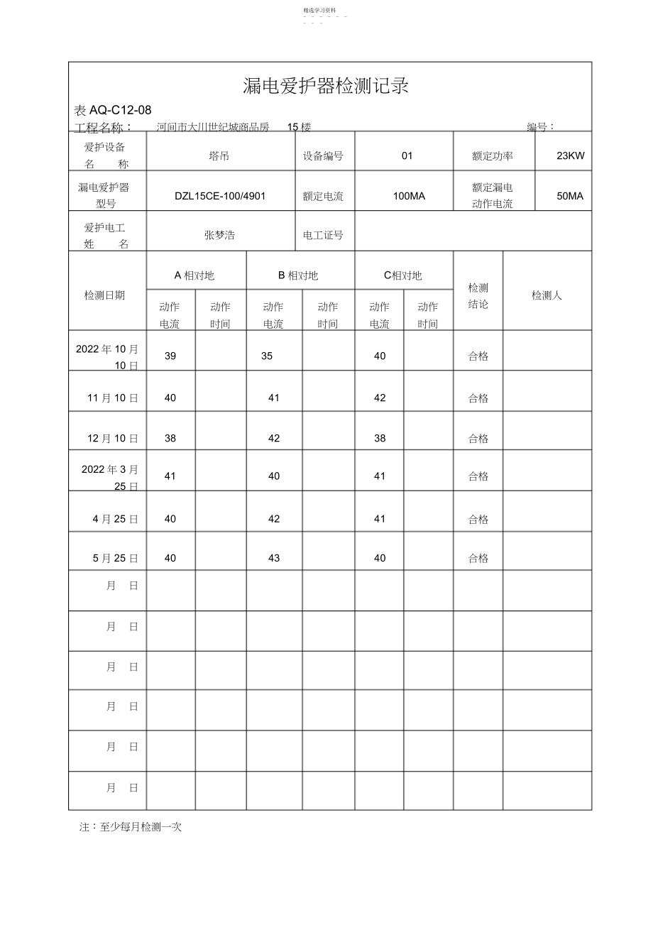 2022年漏电保护器检测记录 .docx_第1页