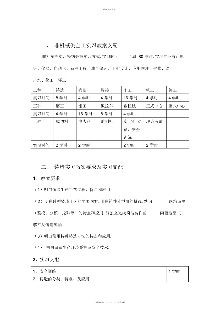 2022年非机械类金工实习优秀教学安排 .docx_第1页