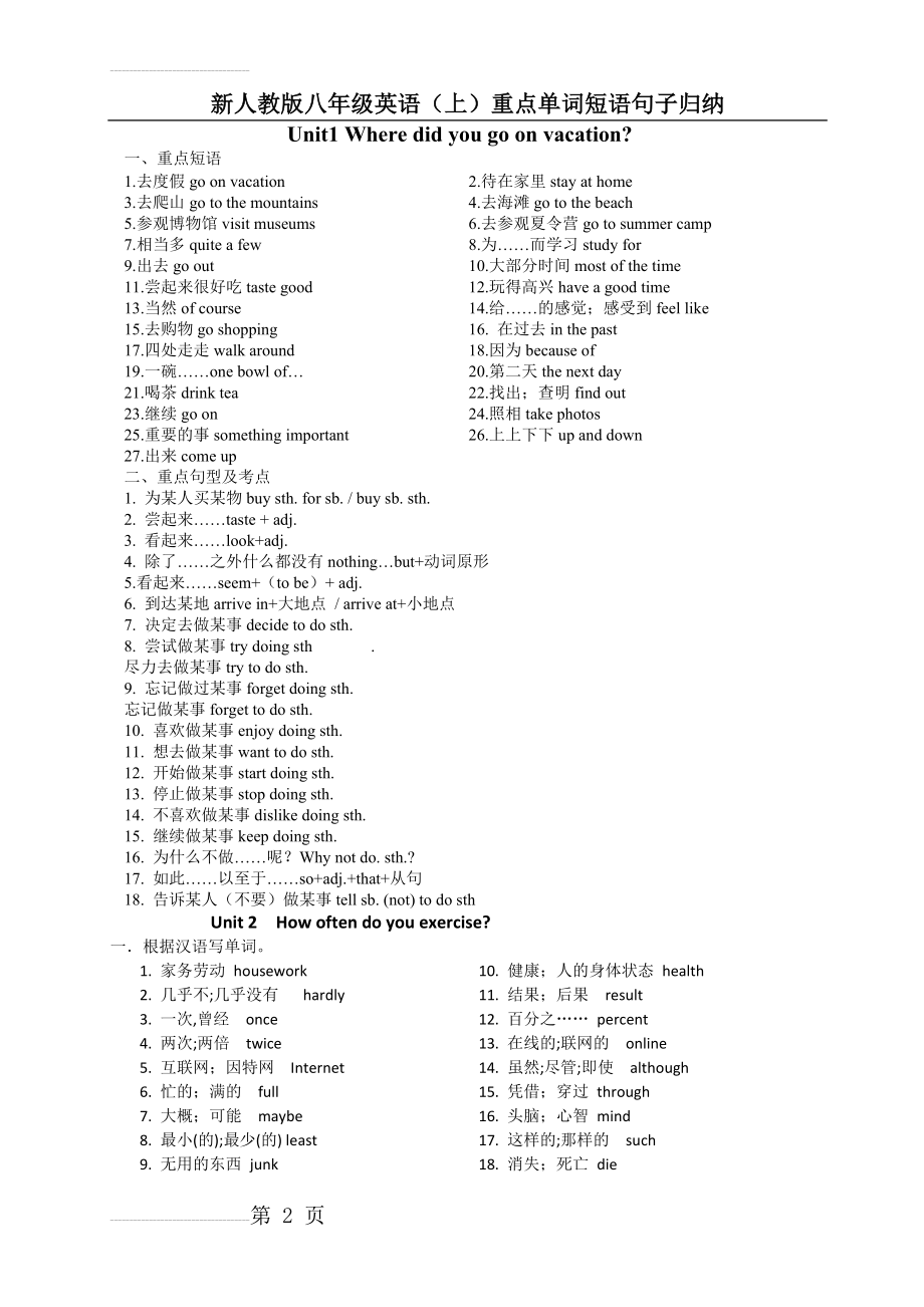 新人教版八年级英语(上)重点单词短语(8页).doc_第2页