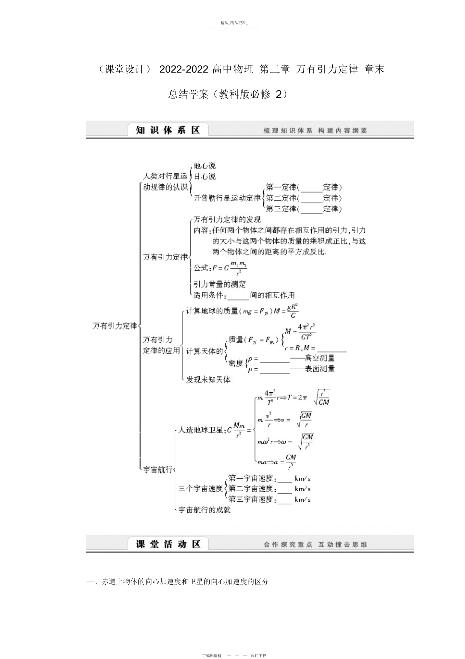 2022年高中物理第三章万有引力定律章末总结学案教科版 .docx_第1页