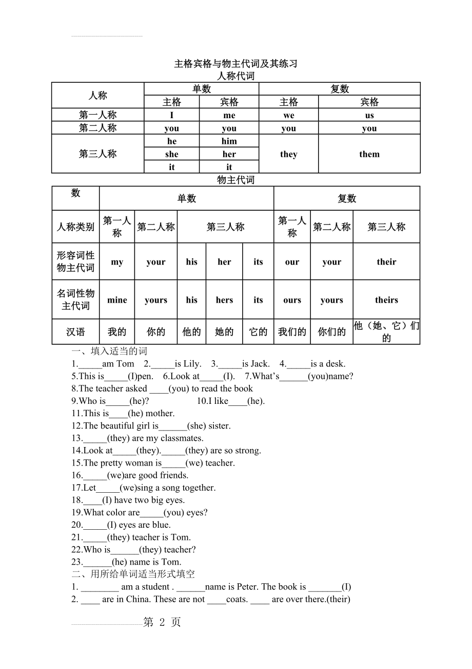 英语主格宾格-形容词性物主代词及名词性物主代词练习题(3页).doc_第2页