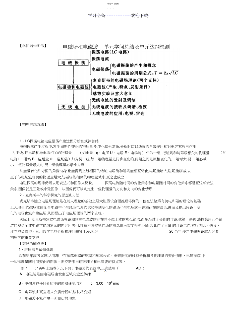 2022年电磁场和电磁波单元知识总结及单元达纲检测 .docx_第1页