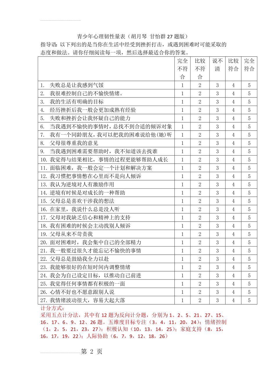 青少年心理韧性量表及计分方式 胡月琴版(可直接用,完全无误)(3页).doc_第2页