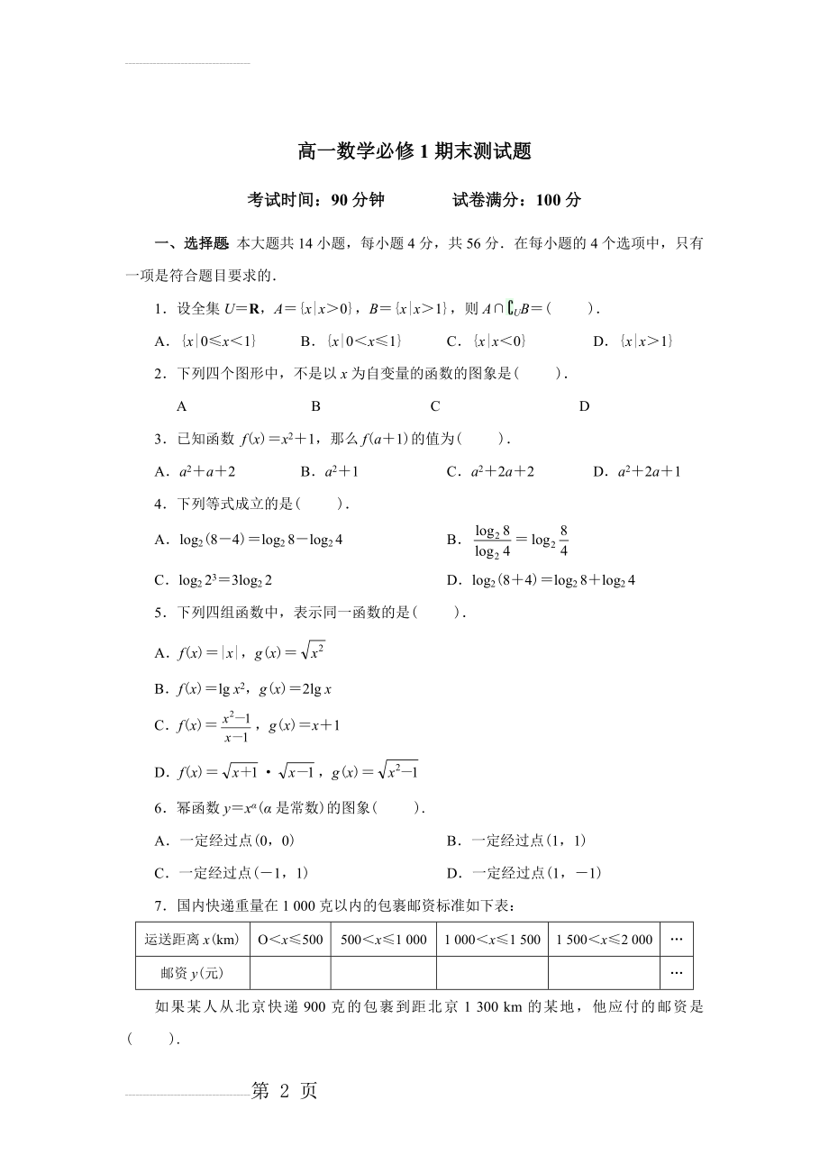 高一数学必修1期末测试题80398(7页).doc_第2页