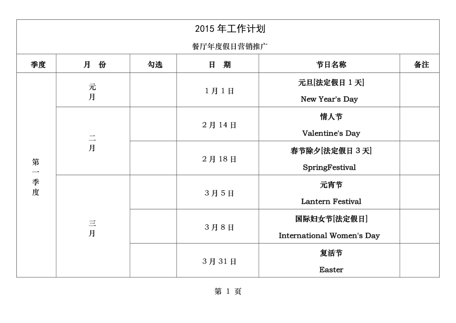 酒店2015全年活动推广策划活动方案及工作计划.doc_第1页