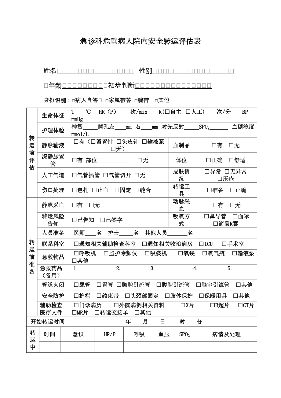 医学专题一急诊科危重病人院内安全转运评估表.docx_第1页