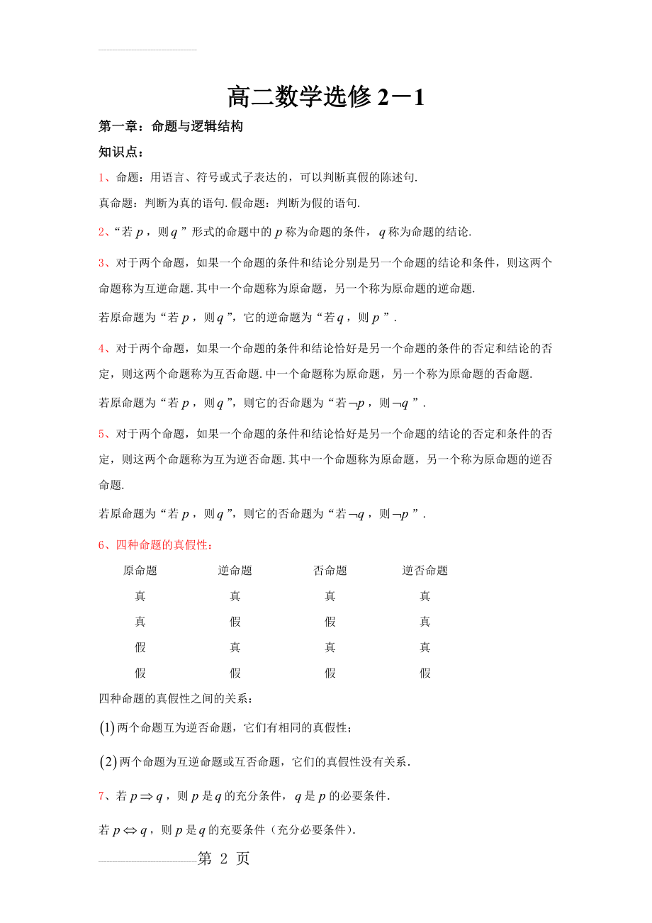 高中数学选修2-1知识点、考点、附典型例题(11页).doc_第2页