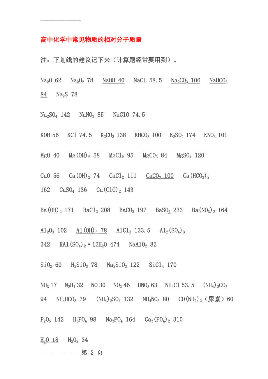 高中化学常见物质相对分子质量总结(4页).doc_第2页