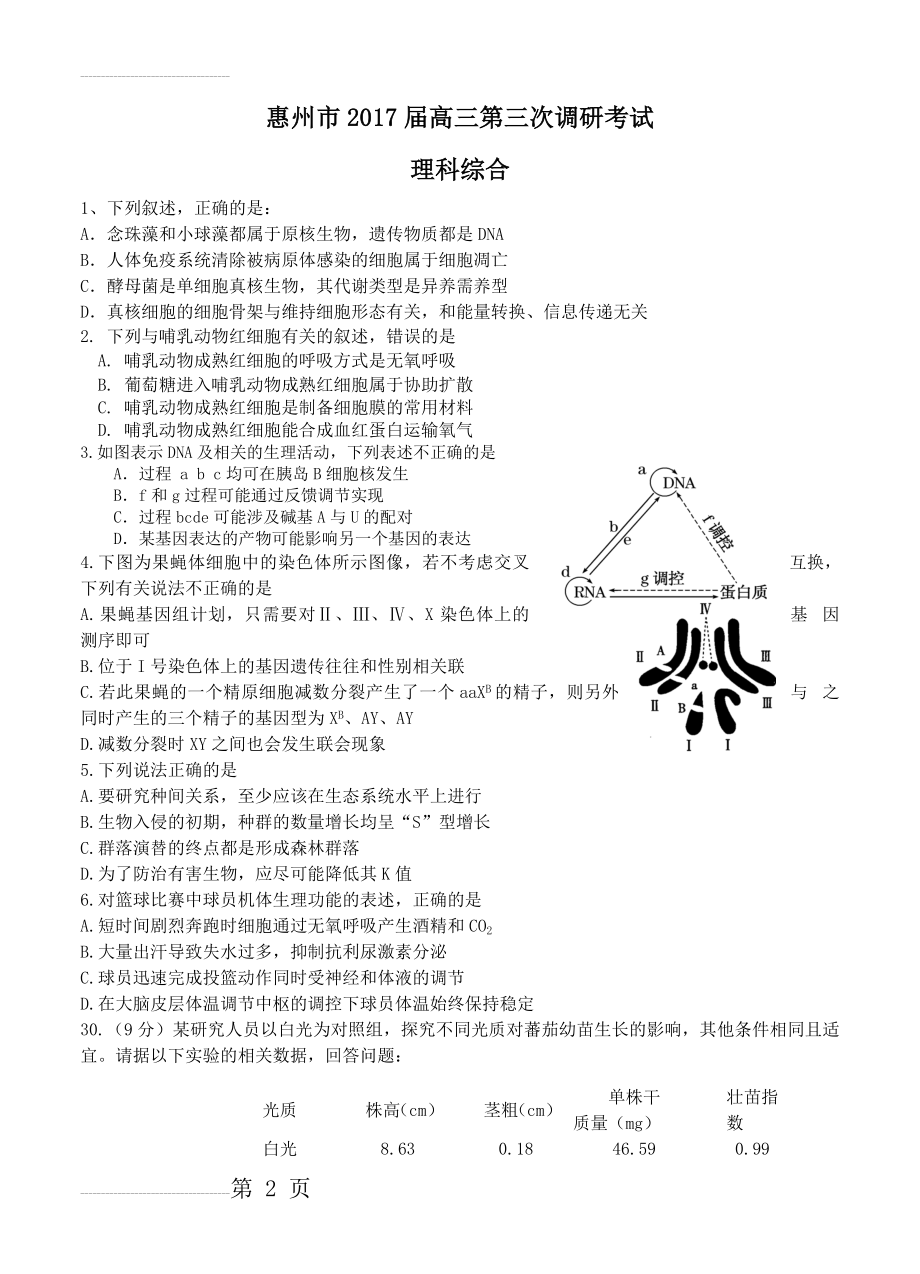 广东省惠州市高三第三次调研考试理综试题（含答案）(16页).doc_第2页