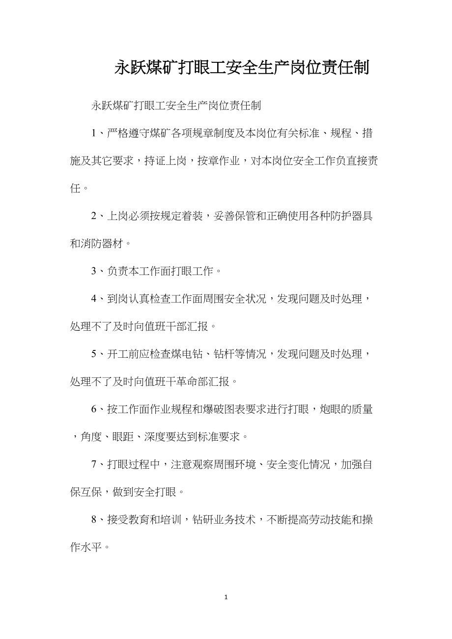 永跃煤矿打眼工安全生产岗位责任制.docx_第1页