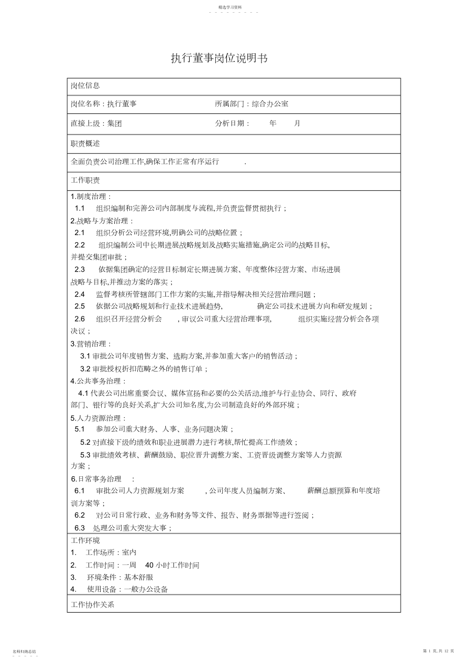 2022年综合办公室岗位说明书-高管 .docx_第1页