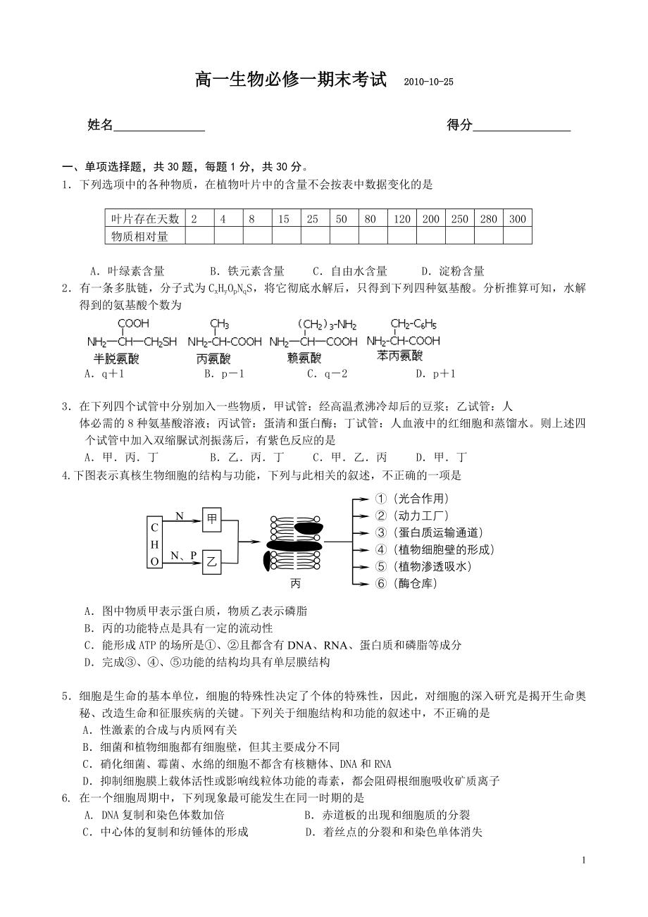 高一生物必修一期末考试1(附答案)80104.doc_第1页