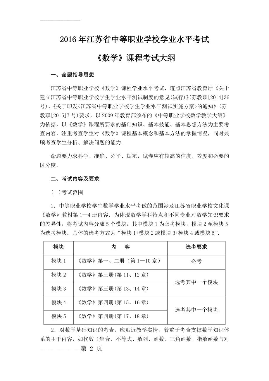 江苏省中等职业学校学业水平考试《数学》课程考试大纲(22页).doc_第2页