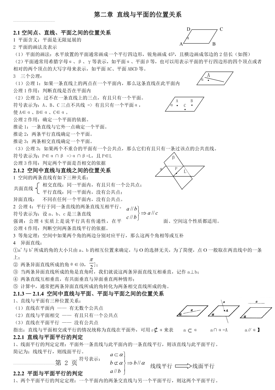 高中数学必修2第二章点、线、面的位置关系知识点+习题+答案(6页).doc_第2页