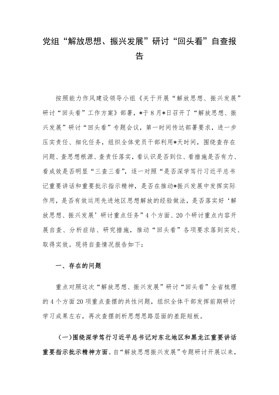 党组“解放思想、振兴发展”研讨“回头看”自查报告.docx_第1页