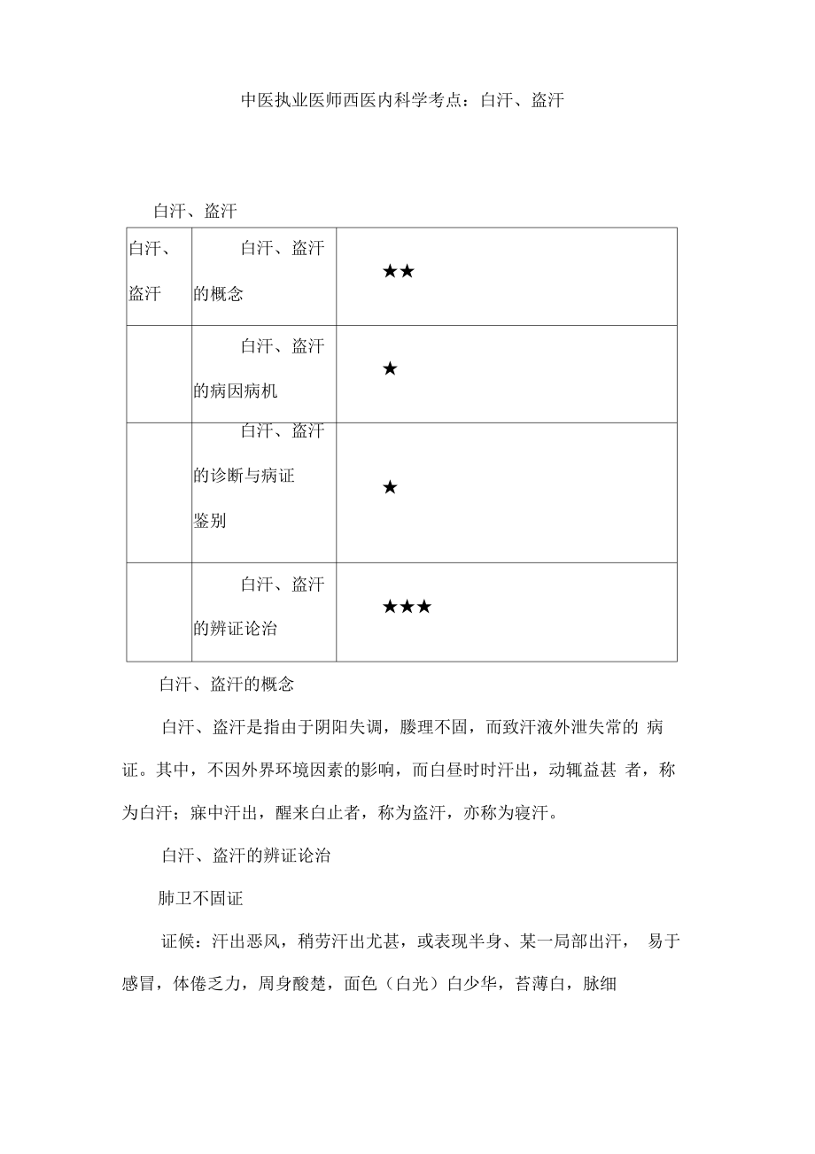 中医执业医师西医内科学考点：自汗、盗汗.pdf_第1页