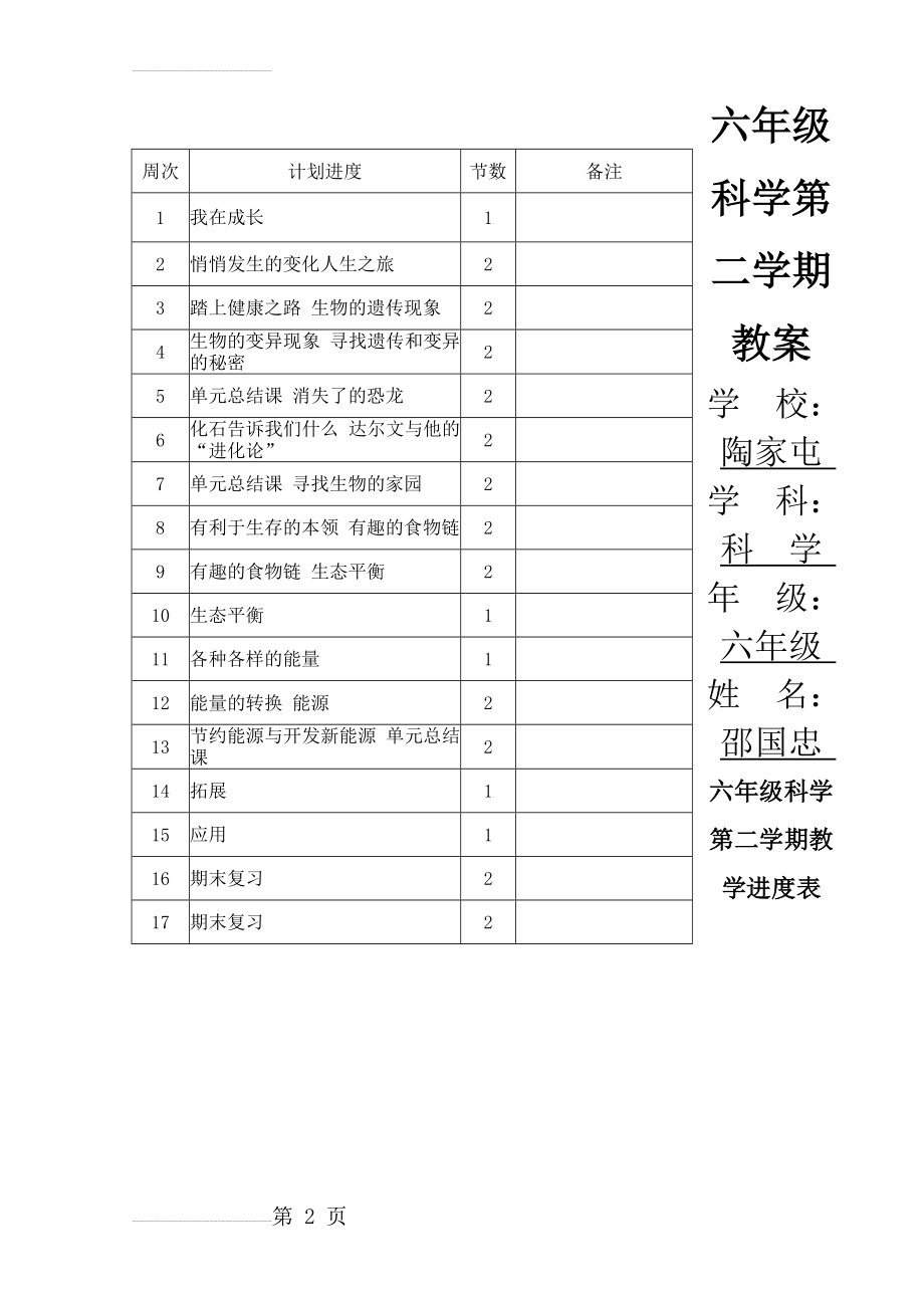 苏教版小学六年级下册科学教案完整版39798(47页).doc_第2页