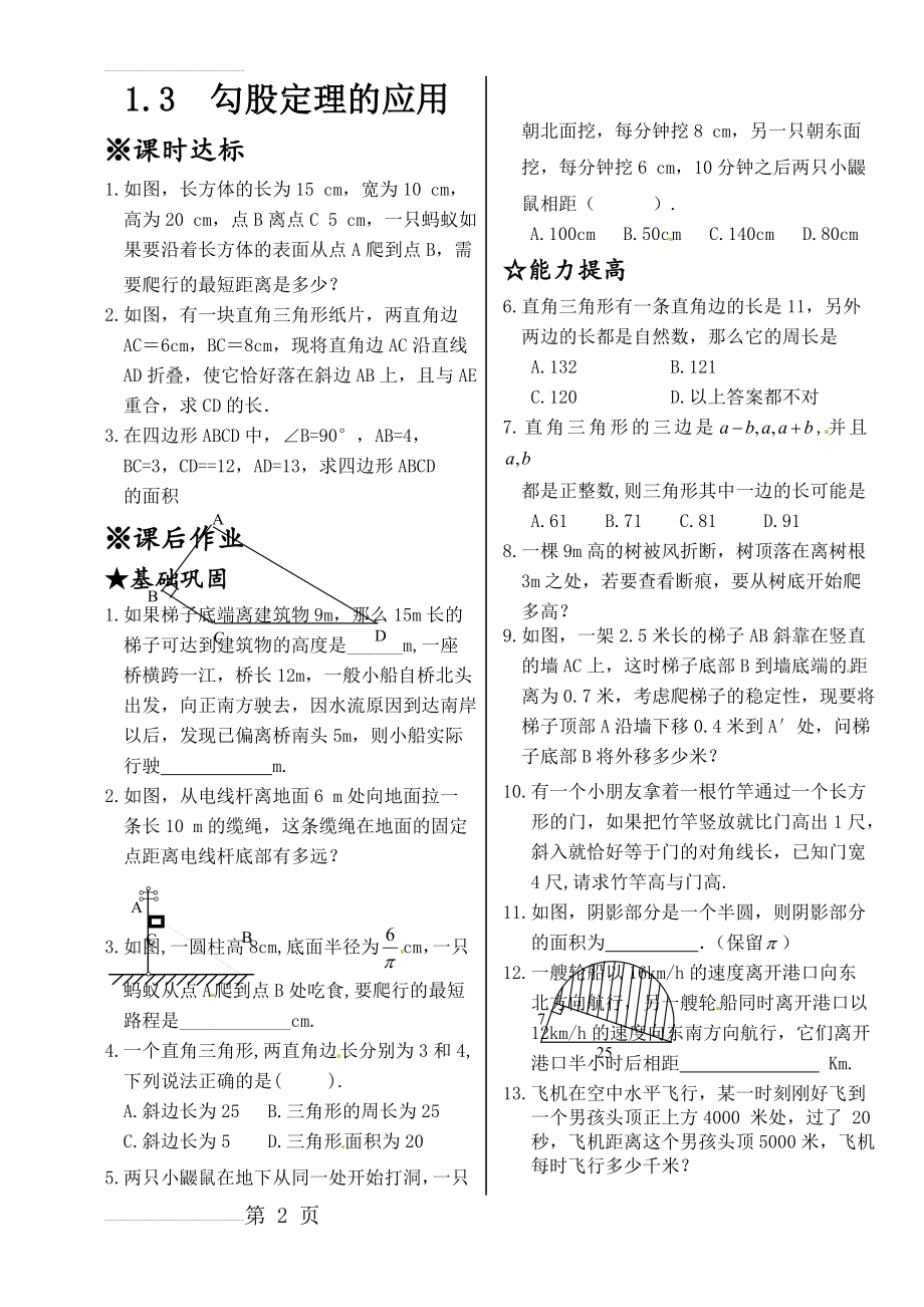 新北师大版八年级数学上册同步测试：1.3 勾股定理的应用(4页).doc_第2页