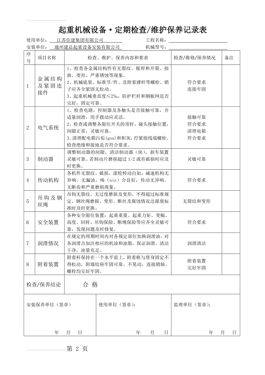 起重机械设备、维护保养记录表(2页).doc_第2页