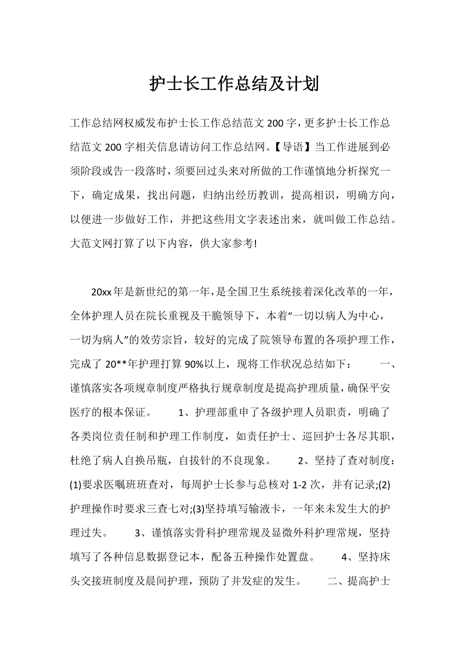 护士长工作总结及计划.docx_第1页