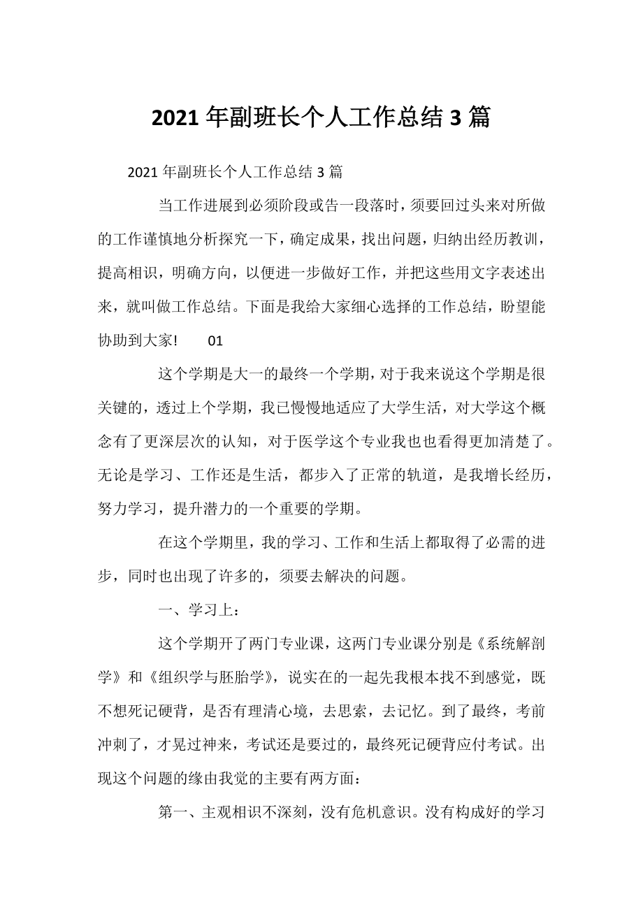 2021年副班长个人工作总结3篇.docx_第1页