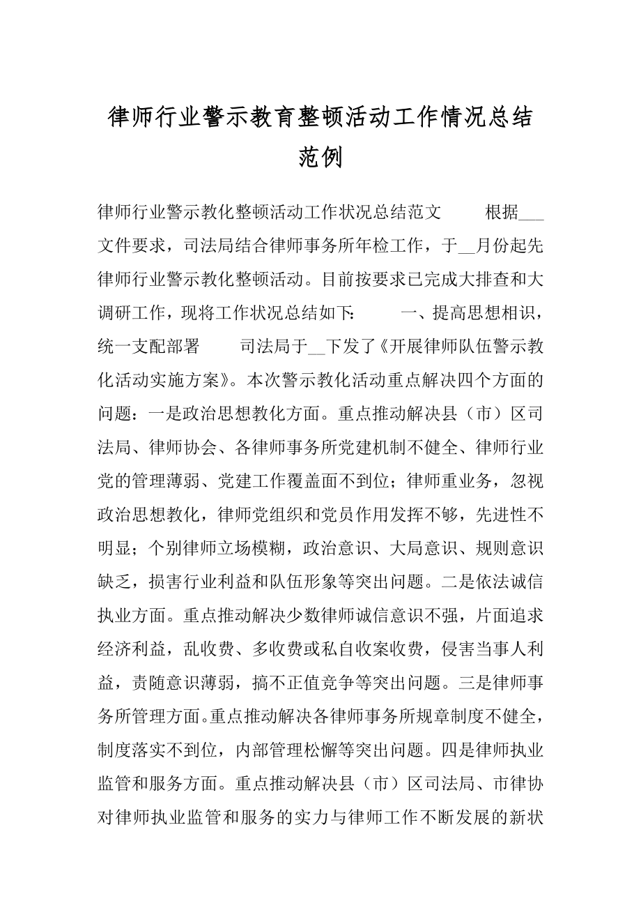 律师行业警示教育整顿活动工作情况总结范例.docx_第1页