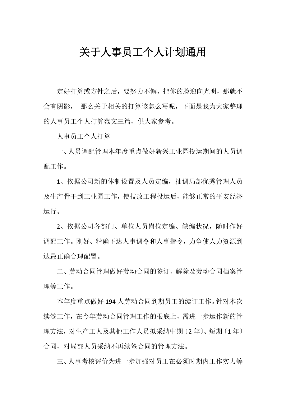 人事员工个人计划通用.docx_第1页