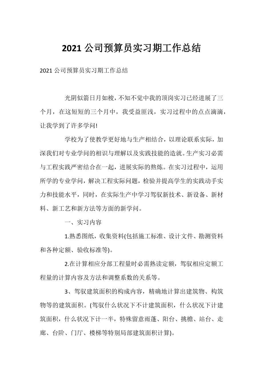 2021公司预算员实习期工作总结.docx_第1页