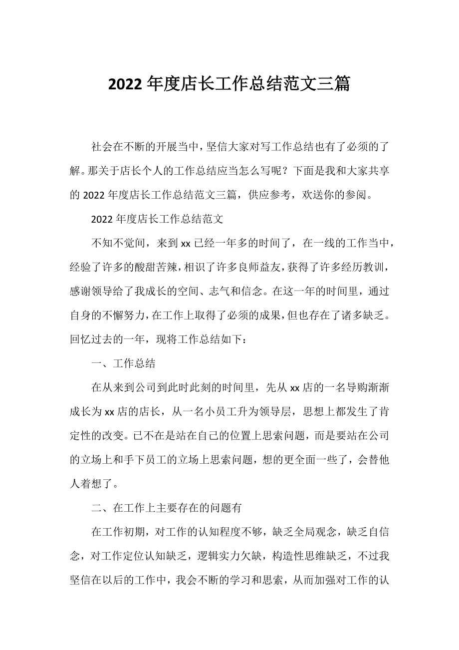 2022年度店长工作总结范文三篇.docx_第1页