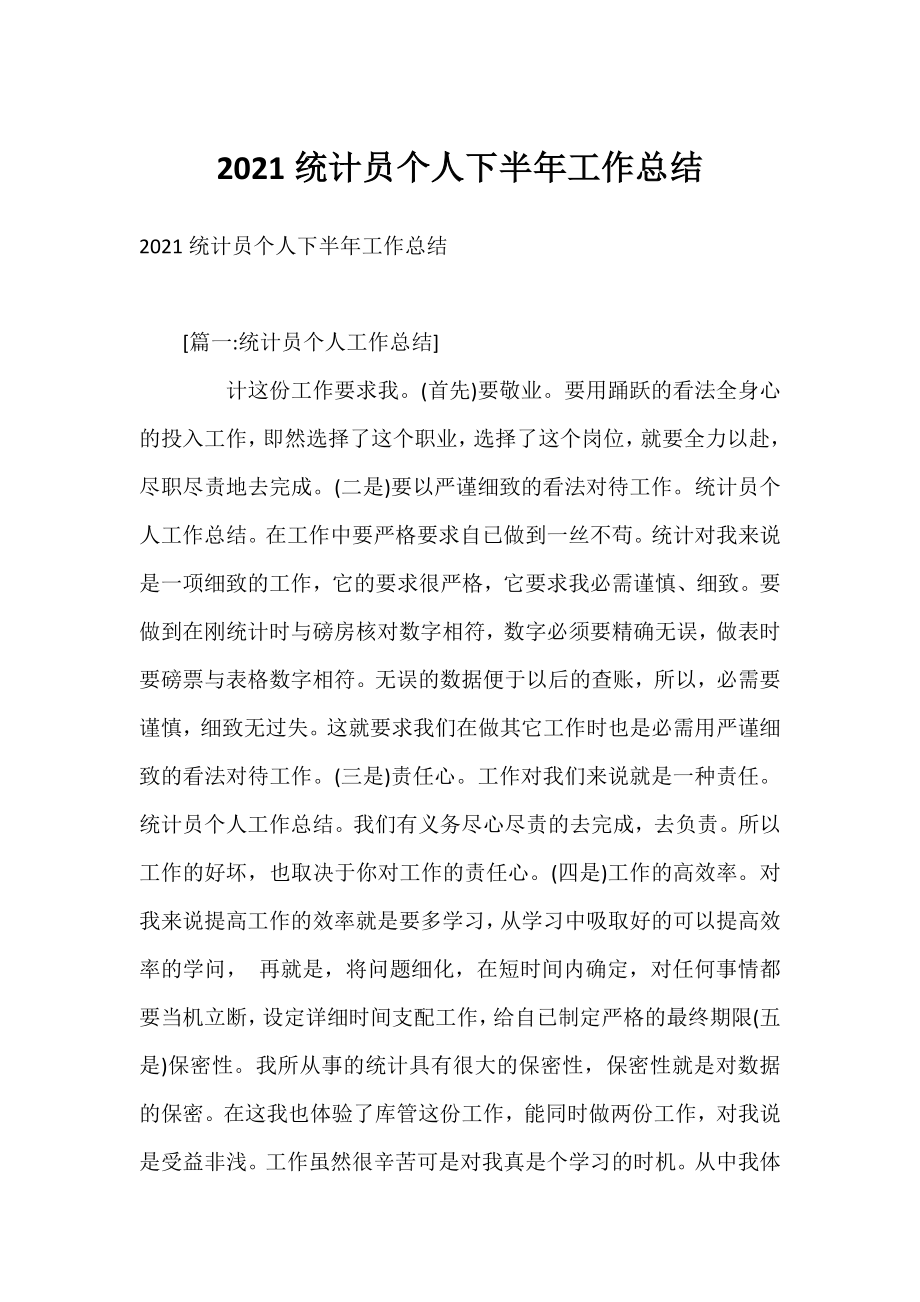 2021统计员个人下半年工作总结.docx_第1页