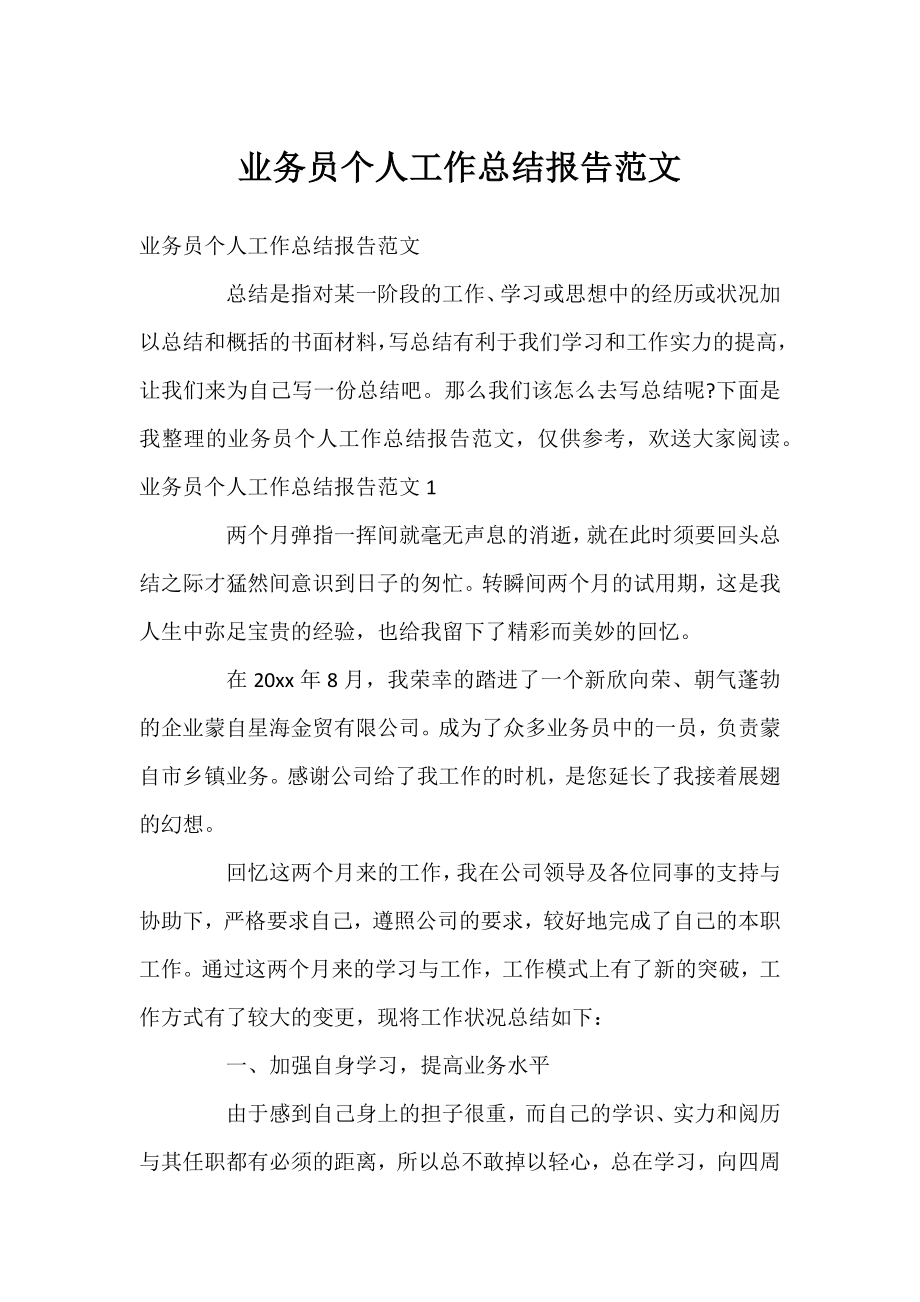 业务员个人工作总结报告范文.docx_第1页