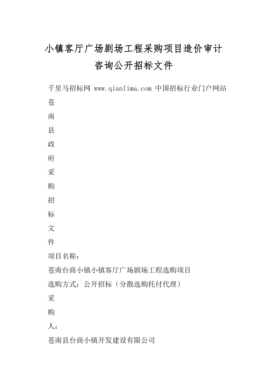 小镇客厅广场剧场工程采购项目造价审计咨询公开招标文件.docx_第1页