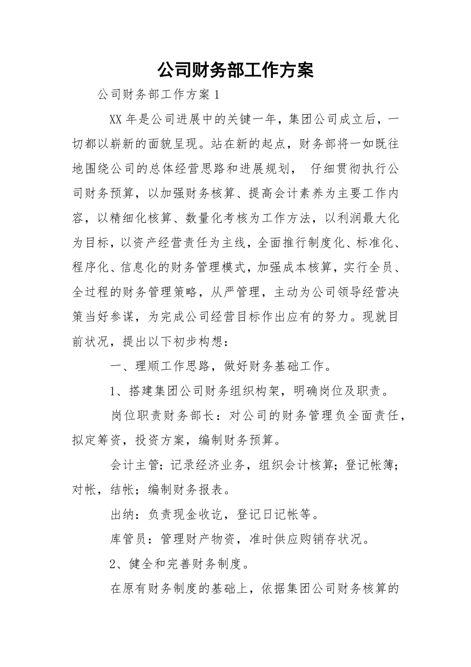 公司财务部工作方案.docx_第1页